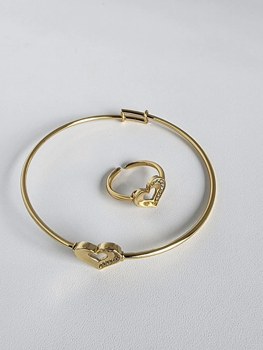 Gold Plated Heart Bangle & Adjustable Ring Set CZ Love Jewelry Girls